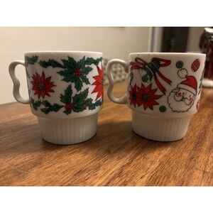 Vintage 1970s  Trimont Ware Japan Stacking Mugs Cups Christmas Set of 2 - CUTE